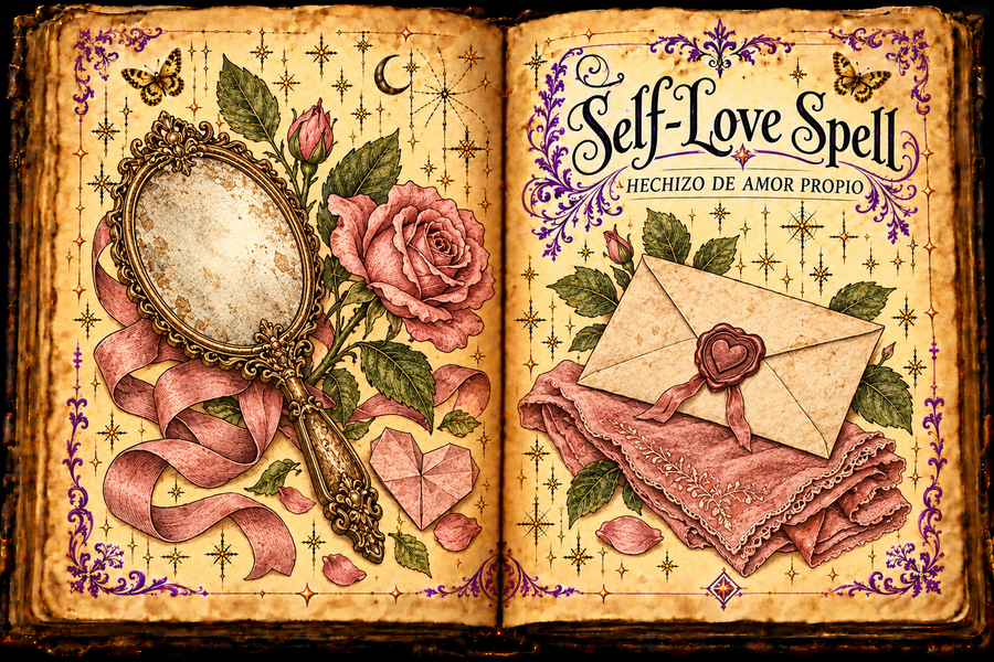 Open parchment grimoire titled Self-Love Spell / Hechizo de amor propio, with an ornate mirror, roses, pink ribbon, paper heart and envelope.