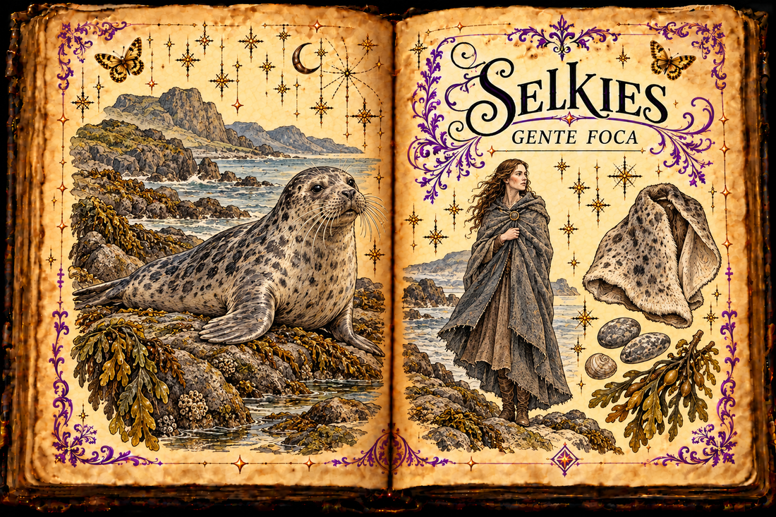 Open aged grimoire titled Selkies / Gente foca, showing a seal, a cloaked woman and a seal-skin study with purple flourishes and gold butterflies.