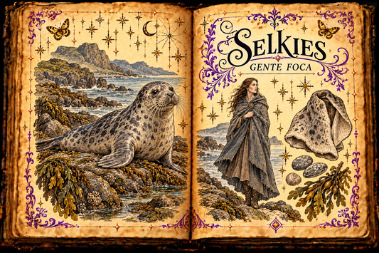 Open aged grimoire titled Selkies / Gente foca, showing a seal, a cloaked woman and a seal-skin study with purple flourishes and gold butterflies.