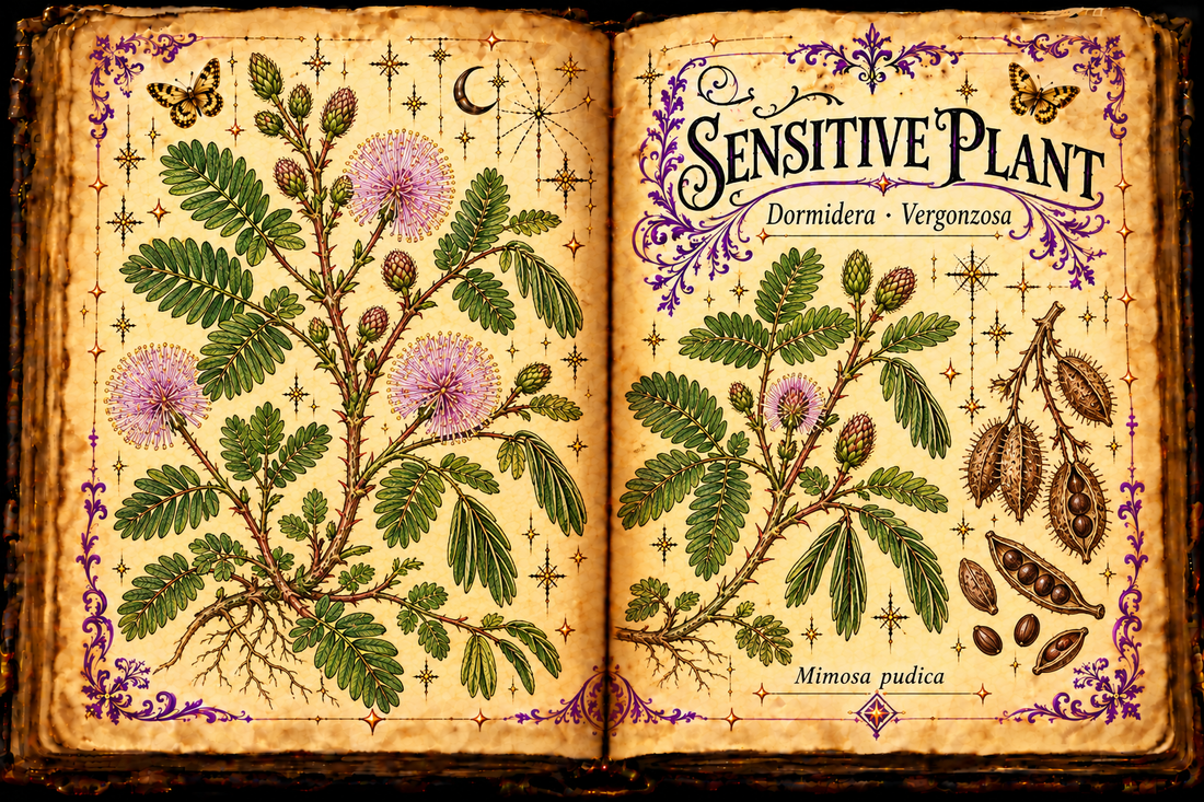 Open aged-parchment grimoire botanical study of Sensitive Plant (Dormidera and Vergonzosa), Mimosa pudica, with pinnate leaves and pink flower heads.