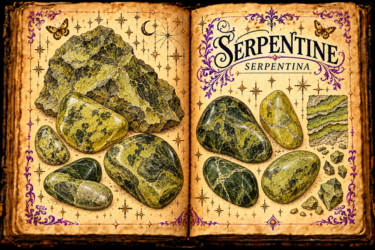 Open aged-parchment grimoire with ink and watercolor studies of mottled green serpentine rough and tumbled stones, titled Serpentine and Serpentina.