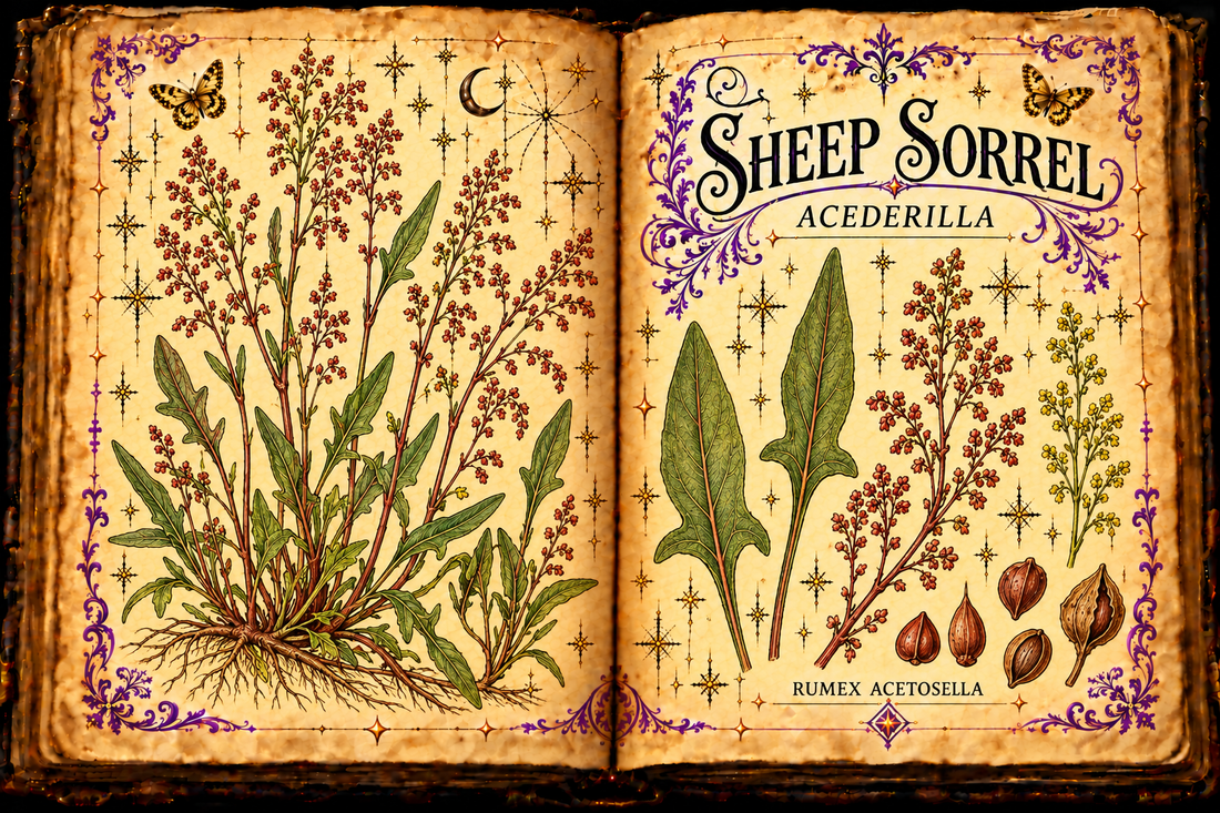Open aged-parchment grimoire with hand-drawn Rumex acetosella arrow-shaped leaves, fine reddish flowering stems, red and yellow-green flower panicles and fruit studies, purple flourishes and gold butterflies, titled Sheep Sorrel and Acederilla