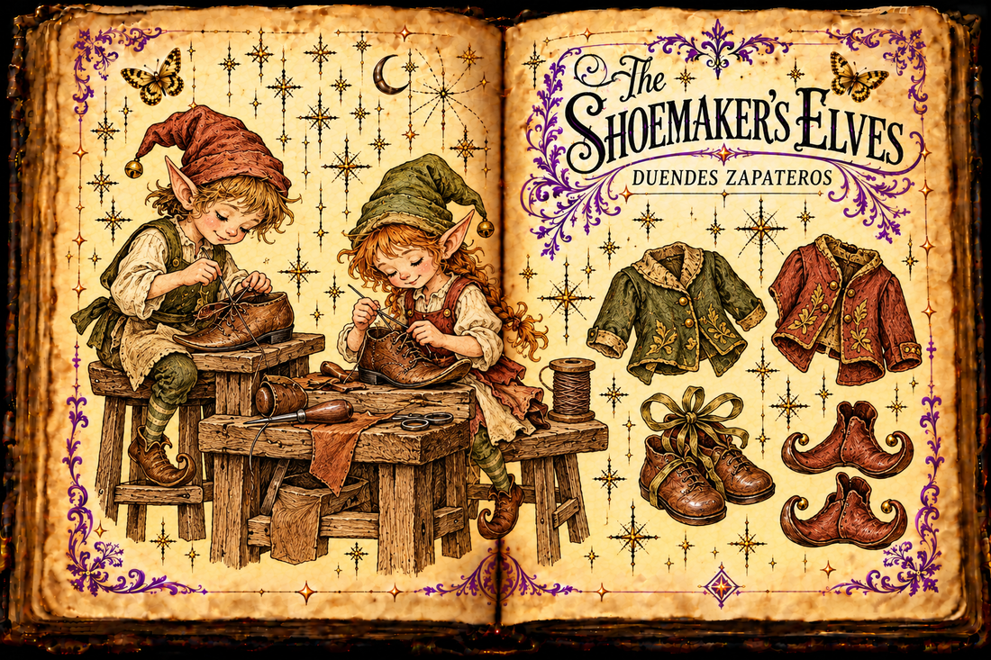 Open parchment grimoire titled The Shoemaker’s Elves / Duendes zapateros, with two elves making shoes and small gifts of clothing.