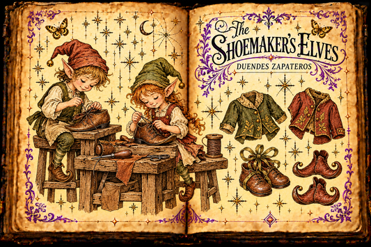 Open parchment grimoire titled The Shoemaker’s Elves / Duendes zapateros, with two elves making shoes and small gifts of clothing.