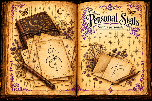 Open aged-parchment grimoire showing paper, pencils, a journal and original abstract personal marks, titled Personal Sigils / Sigilos personales.