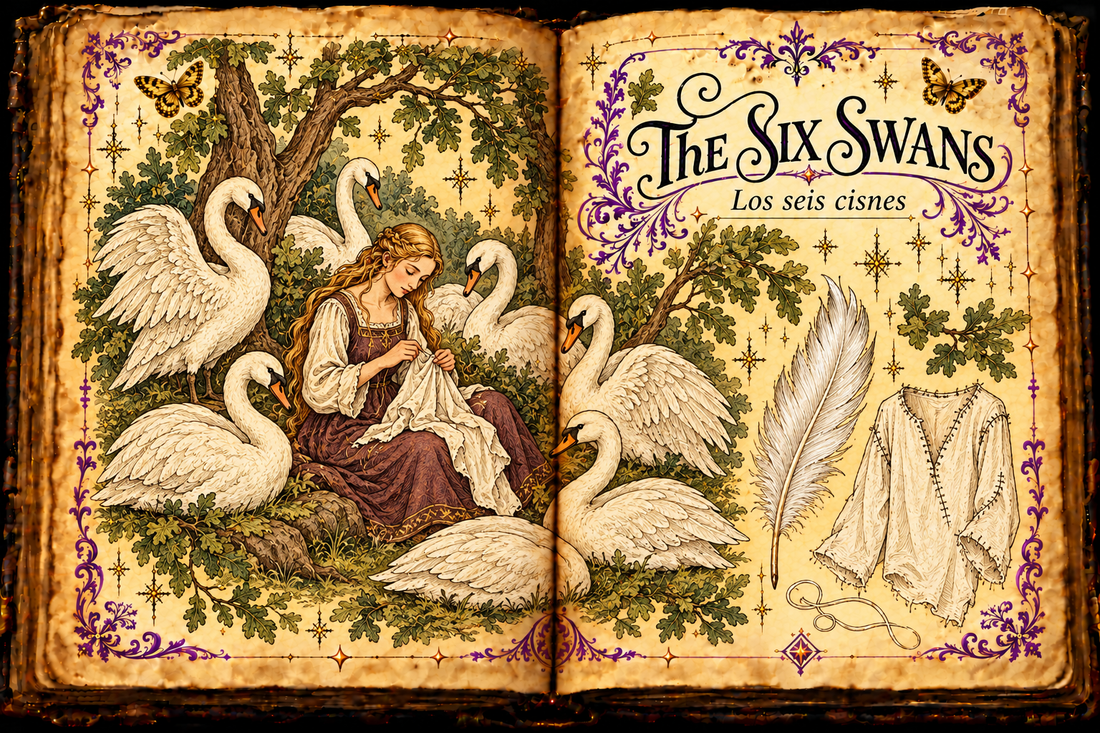 Open parchment grimoire titled The Six Swans / Los seis cisnes, with six swans, a woman sewing, a white feather and an unfinished shirt.