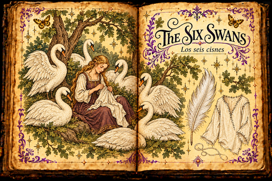 Open parchment grimoire titled The Six Swans / Los seis cisnes, with six swans, a woman sewing, a white feather and an unfinished shirt.