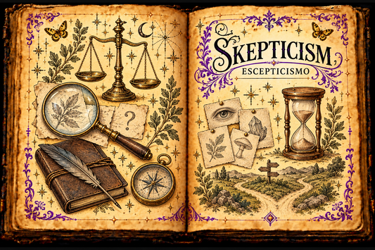 Open aged-parchment grimoire titled Skepticism and Escepticismo, with a magnifying glass, scales, notebook, compass, evidence cards, hourglass, branching path, purple flourishes and gold butterflies.