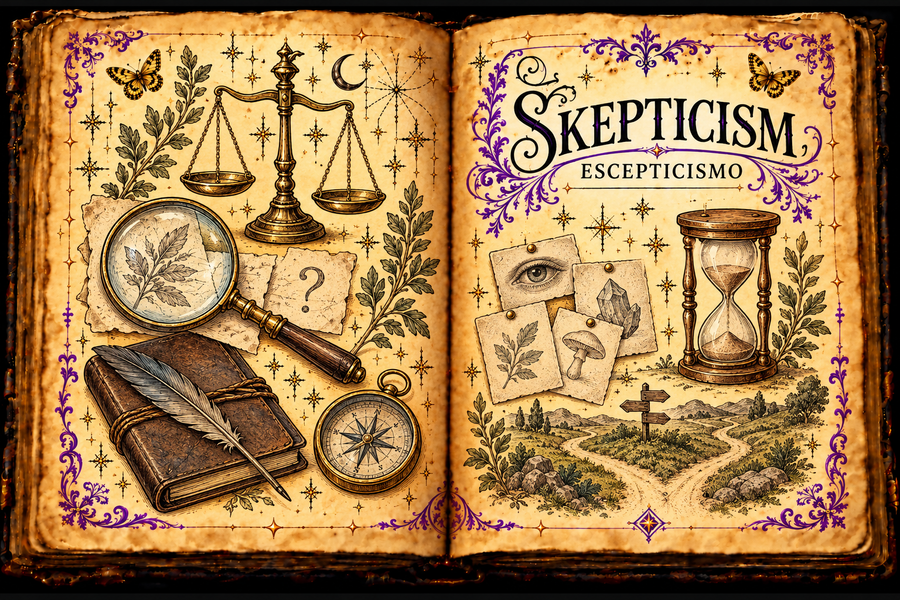 Open aged-parchment grimoire titled Skepticism and Escepticismo, with a magnifying glass, scales, notebook, compass, evidence cards, hourglass, branching path, purple flourishes and gold butterflies.