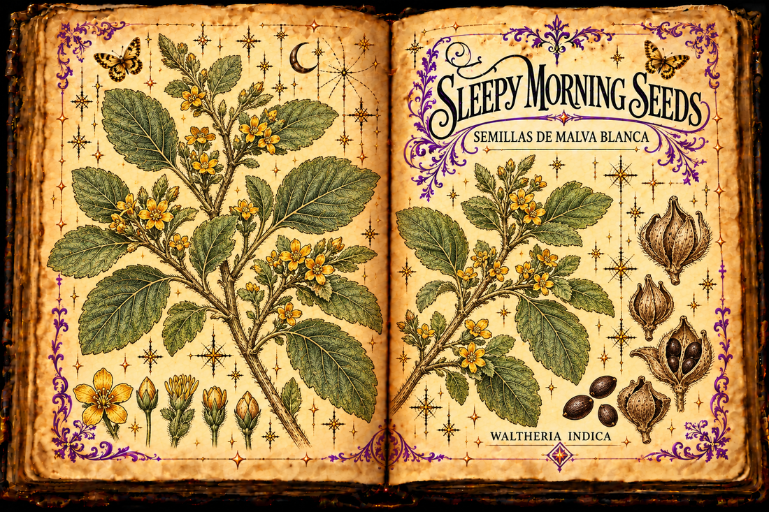 Open aged-parchment grimoire botanical study of Sleepy Morning seeds, Waltheria indica, titled in English and Spanish