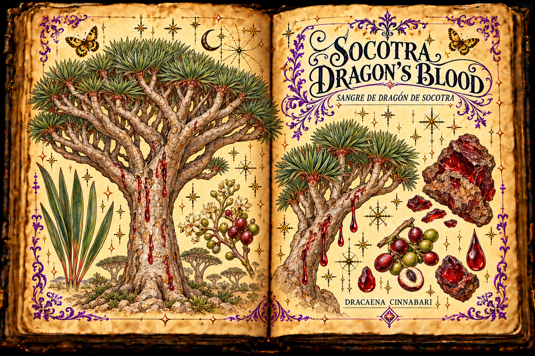Open aged-parchment grimoire illustration of the Socotra dragon’s blood tree, Dracaena cinnabari, with leaves, fruit and red resin