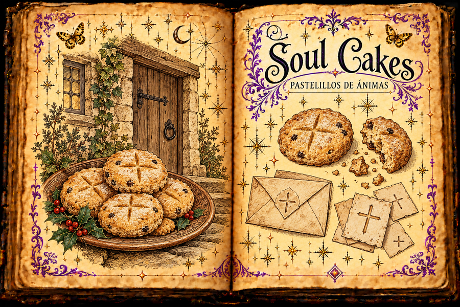 Open aged-parchment grimoire titled Soul Cakes / Pastelillos de ánimas, with cross-marked cakes beside a cottage doorway, an envelope and remembrance papers.