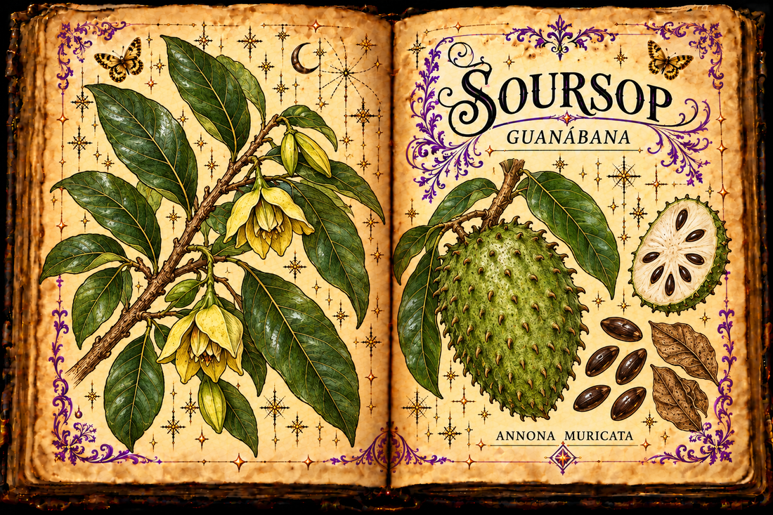 Open aged-parchment grimoire with hand-drawn Annona muricata leaves, yellow-green flowers, spiny soursop fruit, dark seeds, purple flourishes and gold butterflies, titled Soursop and Guanábana