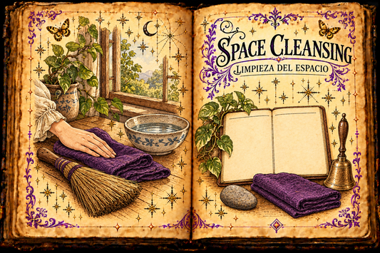 Open aged-parchment grimoire titled Space Cleansing and Limpieza del Espacio, with a hand broom, folded purple cloth, water bowl, open window, journal, stone, bell, purple flourishes and gold butterflies.