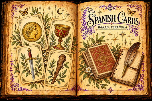Open aged-parchment grimoire with original coin, cup, sword and wooden-club card studies, a deck and notebook, titled Spanish Cards and Baraja Española.