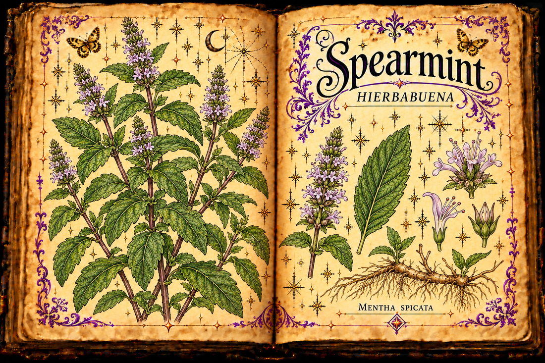 Open aged-parchment grimoire illustration of Mentha spicata, with accurate botanical studies, purple flourishes and gold butterflies, titled Spearmint and Hierbabuena.