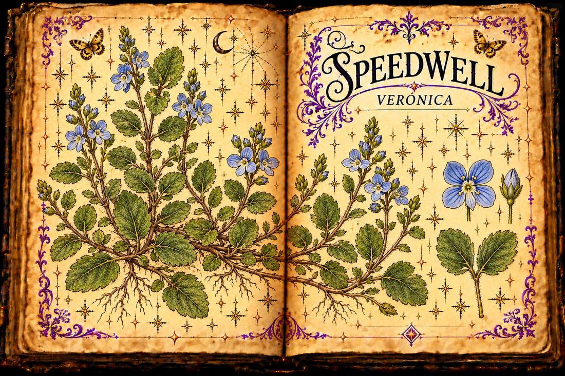 Open parchment grimoire with a hand-drawn Veronica officinalis botanical study, titled Speedwell / Verónica