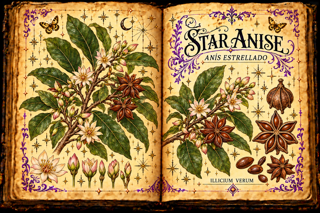 Open aged-parchment grimoire illustration of star anise branches, flowers, fruits, and seeds, titled Star Anise / Anís Estrellado.