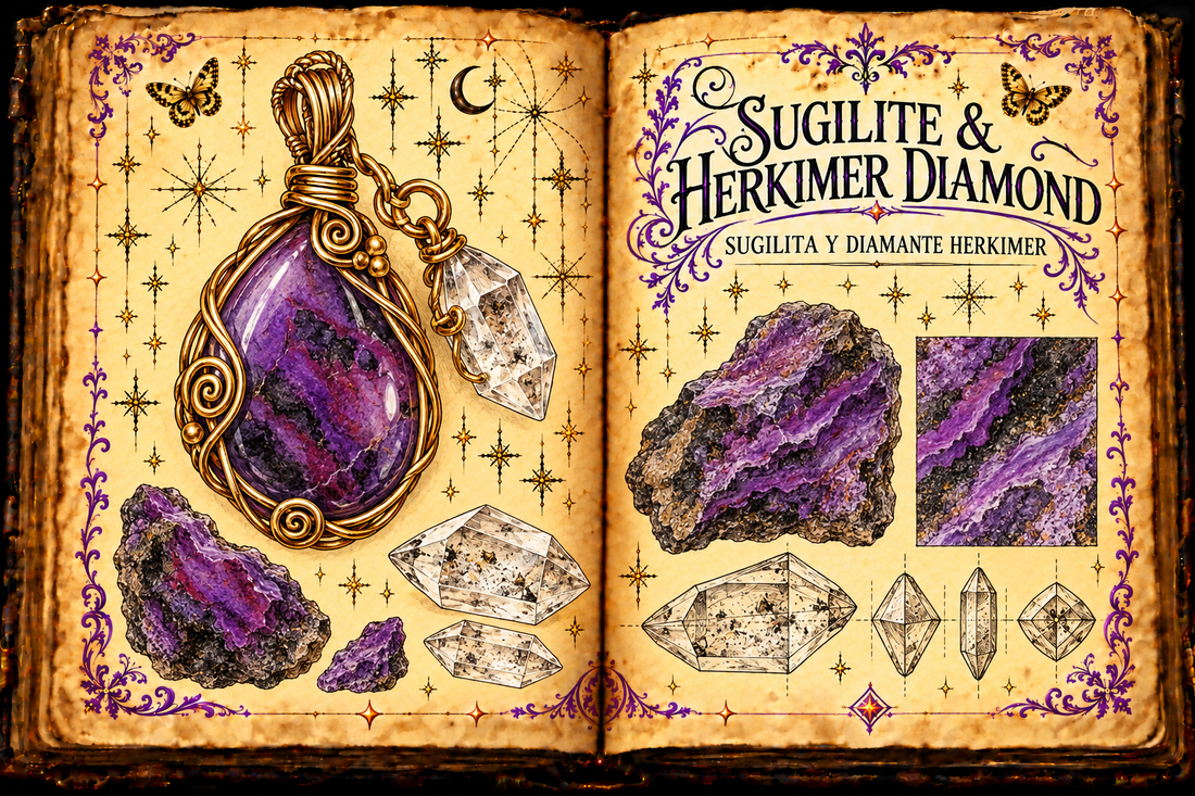 Open aged-parchment grimoire illustration of a purple sugilite and clear doubly terminated Herkimer quartz pendant, titled in English and Spanish