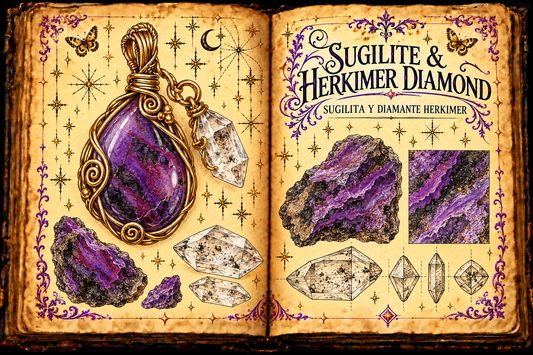 Open aged-parchment grimoire illustration of a purple sugilite and clear doubly terminated Herkimer quartz pendant, titled in English and Spanish