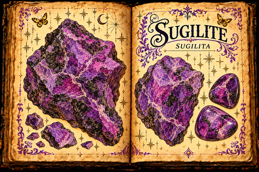 Open aged-parchment grimoire with ink and watercolor studies of purple sugilite rough material and tumbled stones, titled Sugilite and Sugilita.