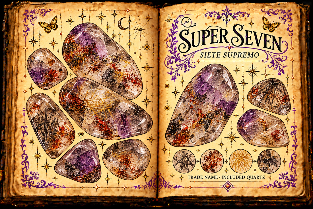 Open grimoire study of Super Seven trade-name included quartz