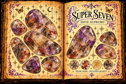 Open grimoire study of Super Seven trade-name included quartz