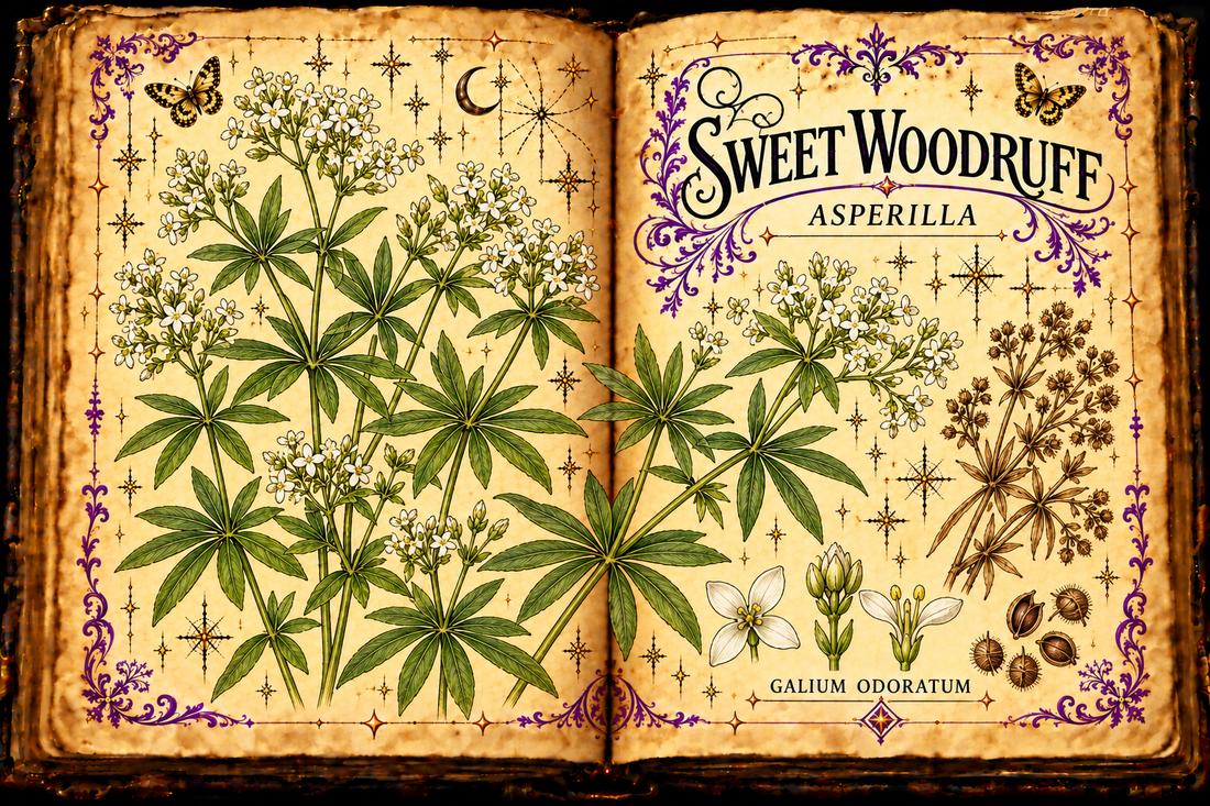 Open aged-parchment grimoire with hand-drawn Galium odoratum stems, whorled leaves, small white star-shaped flowers and dried sprigs, purple flourishes and gold butterflies, titled Sweet Woodruff and Asperilla