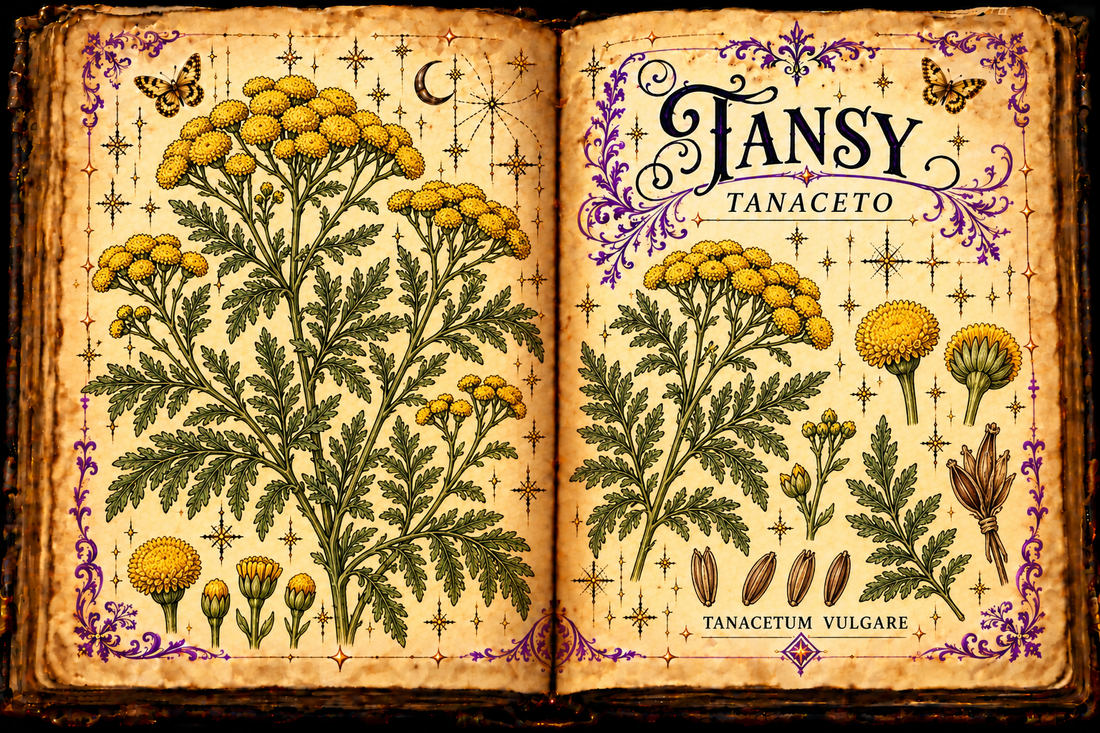 Open aged-parchment grimoire with hand-drawn Tanacetum vulgare yellow button flower heads and finely divided leaves, purple flourishes and gold butterflies, titled Tansy and Tanaceto