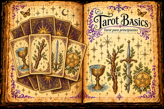 Open aged-parchment grimoire showing illustrated tarot cards and four suit objects, titled Tarot Basics / Tarot para principiantes, with purple flourishes and gold butterflies.