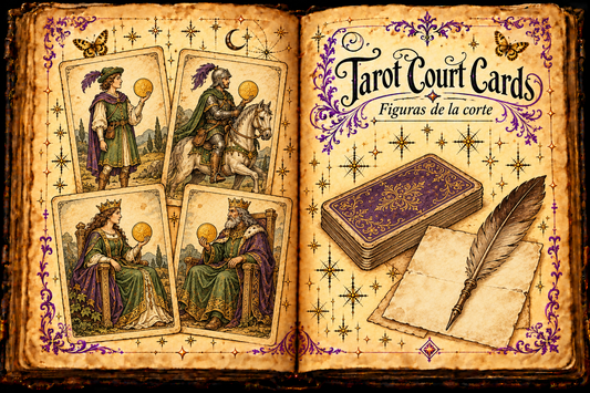 Open aged-parchment grimoire titled Tarot Court Cards / Figuras de la corte, showing four imagined coin-suit court cards, a purple-backed deck, quill and blank paper, with purple flourishes and gold butterflies.