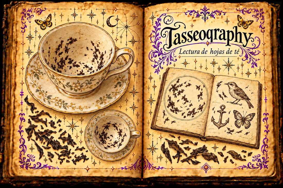 Open parchment grimoire with teacup and tea-leaf studies, a notebook showing a bird, anchor and butterfly, purple flourishes and gold butterflies; Tasseography / Lectura de hojas de té.
