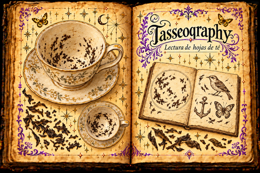 Open parchment grimoire with teacup and tea-leaf studies, a notebook showing a bird, anchor and butterfly, purple flourishes and gold butterflies; Tasseography / Lectura de hojas de té.