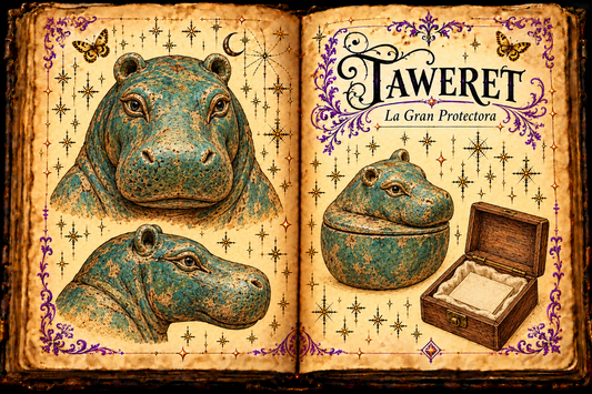 Open parchment grimoire titled Taweret and La Gran Protectora, with stylized blue-green hippo-head studies, an imagined lidded vessel and a keepsake box.