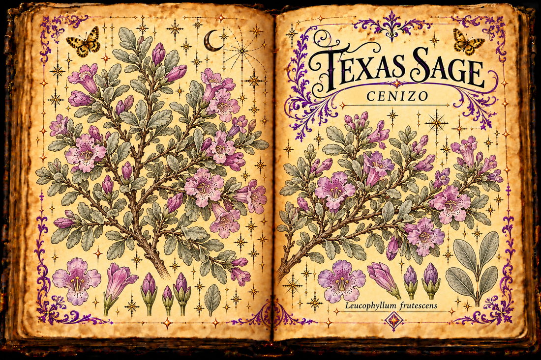 Open aged-parchment grimoire botanical study of Texas Sage, Cenizo, Leucophyllum frutescens