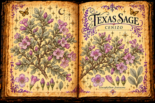 Open aged-parchment grimoire botanical study of Texas Sage, Cenizo, Leucophyllum frutescens