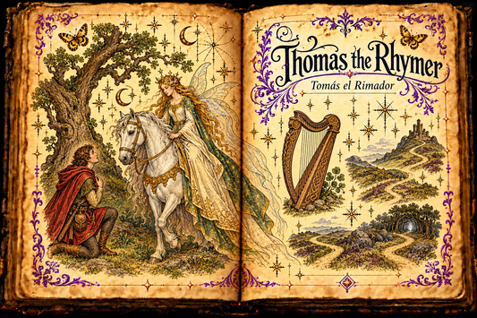 Open parchment grimoire titled Thomas the Rhymer / Tomás el Rimador, with a minstrel, fairy queen on a pale horse, harp and winding paths.