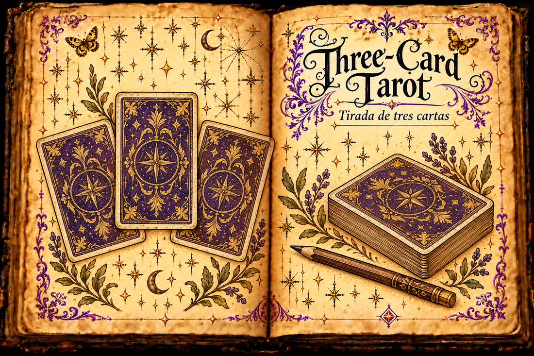 Open aged-parchment grimoire with three face-down purple-and-gold tarot cards, a deck and pencil, titled Three-Card Tarot / Tirada de tres cartas.