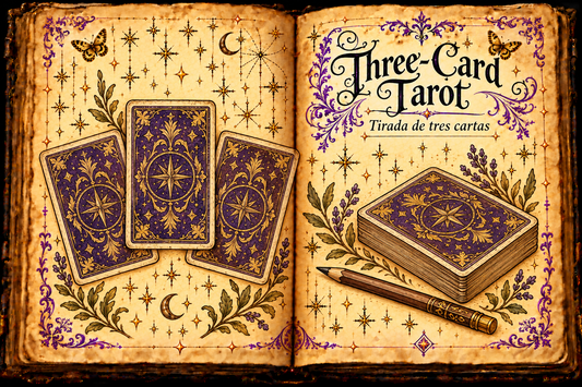 Open aged-parchment grimoire with three face-down purple-and-gold tarot cards, a deck and pencil, titled Three-Card Tarot / Tirada de tres cartas.