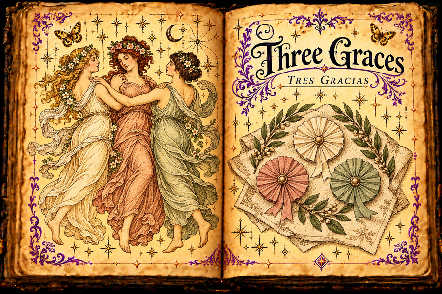 Open aged grimoire showing three women in classical robes linked in a dance, with paper rosettes, folded cloth, laurel, and English and Spanish titles.