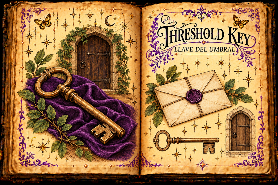 Open parchment grimoire titled Threshold Key / Llave del umbral, with a bronze key, purple cloth, doorway and folded paper.
