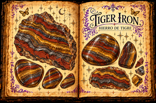 Open aged-parchment grimoire with ink and watercolor studies of banded golden, red, and metallic-gray tiger iron rough and tumbled stones, titled Tiger Iron and Hierro de Tigre.