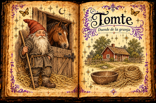 Open aged grimoire showing a Swedish tomte in work clothes beside a horse and stable, with a farmhouse, empty wooden bowl, and English and Spanish titles.