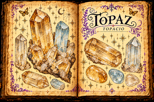 Open aged-parchment grimoire with ink and watercolor studies of colorless, honey-gold, and pale-blue topaz crystals and tumbled stones, titled Topaz and Topacio.