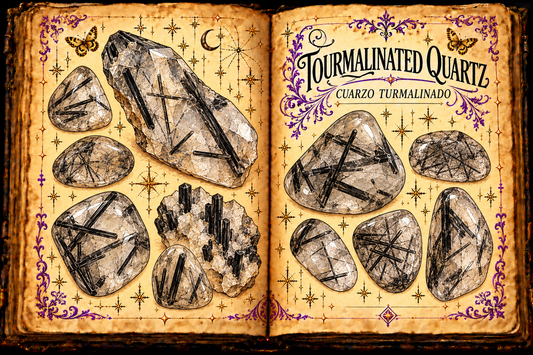 Open aged-parchment grimoire with ink and watercolor studies of clear quartz containing black tourmaline needles, titled Tourmalinated Quartz and Cuarzo Turmalinado.