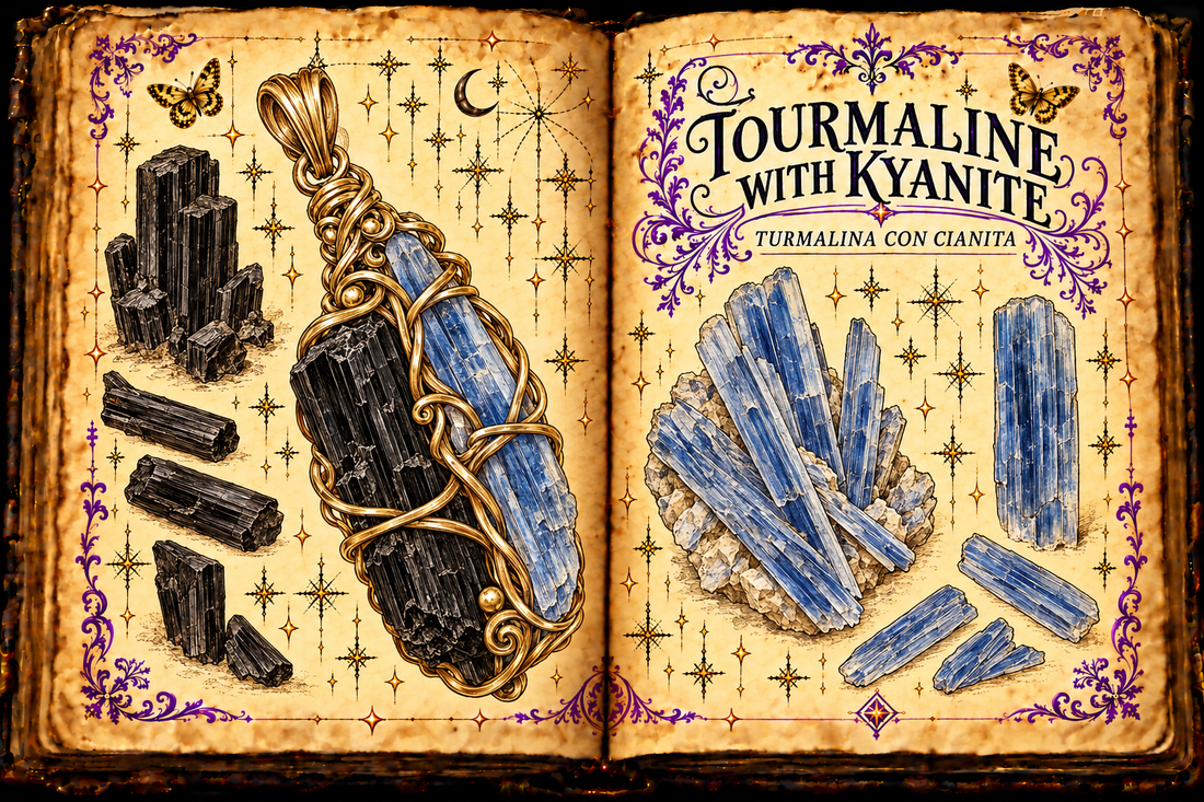 Open aged-parchment grimoire with ink and watercolor studies of black tourmaline, blue kyanite, and a gold-wire pendant, titled Tourmaline with Kyanite and Turmalina con Cianita.