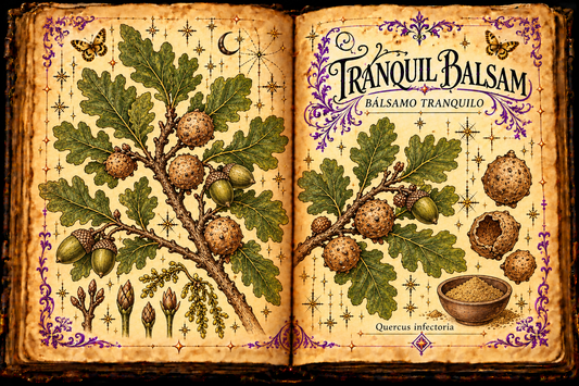 Open aged-parchment grimoire botanical study of Tranquil Balsam, Bálsamo Tranquilo, and Quercus infectoria