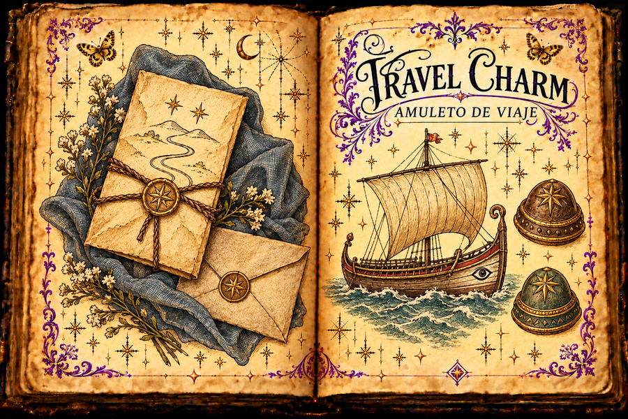 Open aged grimoire titled Travel Charm / Amuleto de viaje, with a two-star paper path charm, an ancient ship and star-topped caps, purple flourishes and gold butterflies.