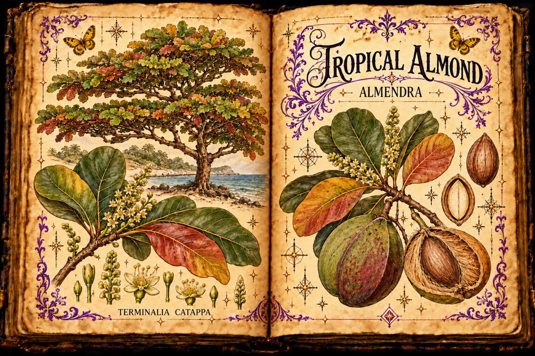 Hand-drawn Book of Shadows plate of Terminalia catappa with tiered branches, broad red and green leaves, flowers, fruits, and the exact botanical label Terminalia catappa, titled Tropical Almond and Almendra