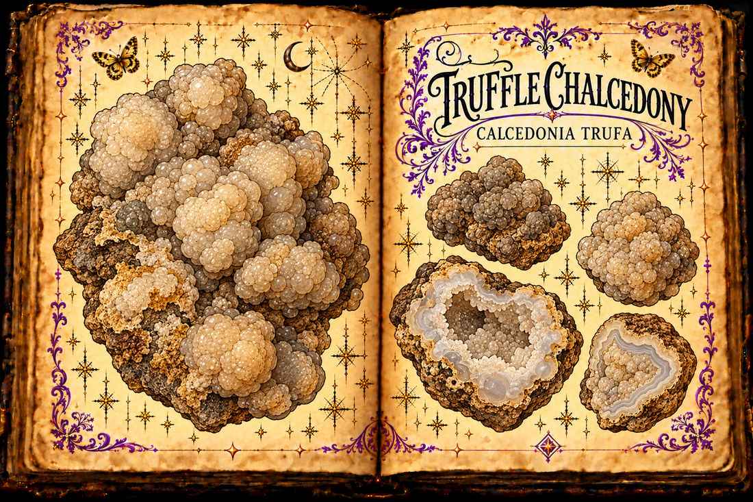Open aged-parchment grimoire illustration of cream and tan botryoidal Truffle Chalcedony nodules and a hollow cross-section, titled in English and Spanish